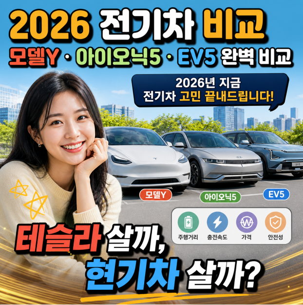 모델Y·아이오닉5·EV5 완벽 비교 "테슬라 살까, 현기차 살까?" 2026년 지금 전기차 고민 끝내드....