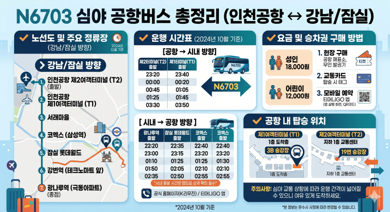 N6703 심야 공항버스 시간표 노선 요금 총정리