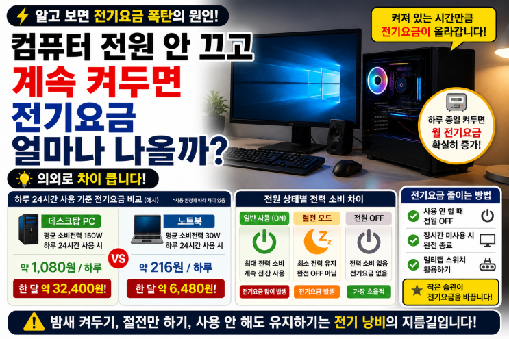  컴퓨터 전원 안 끄고 계속 켜두면 전기요금 얼마나 나올까, 의외로 차이 큽니다