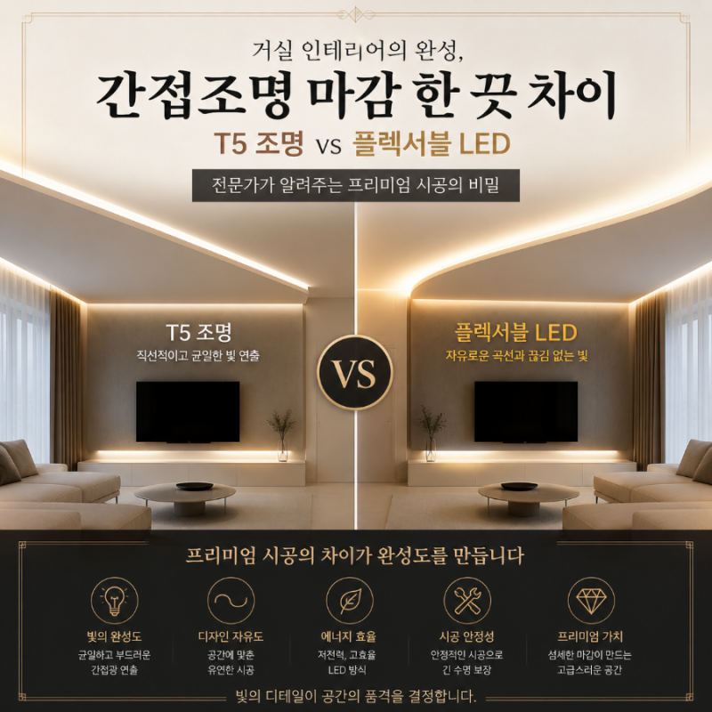 거실 인테리어의 완성, 간접조명 마감 한 끗 차이 T5 조명 vs 플렉서블 LED ㅡ 전문가가 알려주....