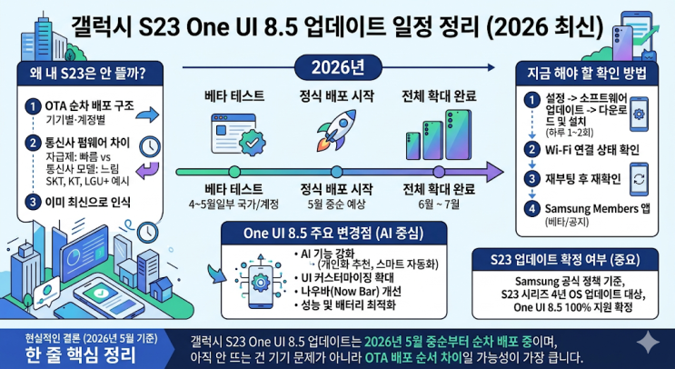 갤럭시 S23 One UI 8.5 업데이트 예상 일정 (2026년 5월 기준)