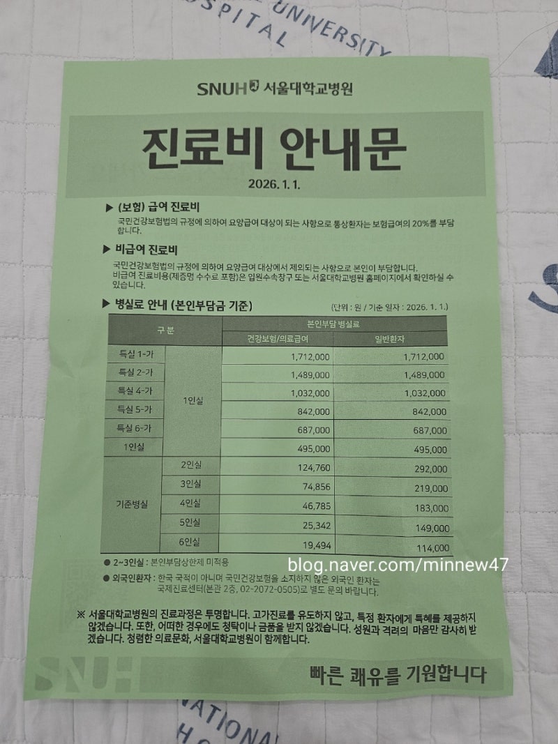 서울대학교병원 입원 비용(병실료) 2026년 기준 업데이트