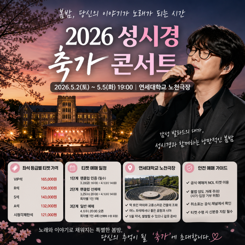 2026 성시경 콘서트 축가 티켓 가격 예매 방법 및 좌석 정보 안내