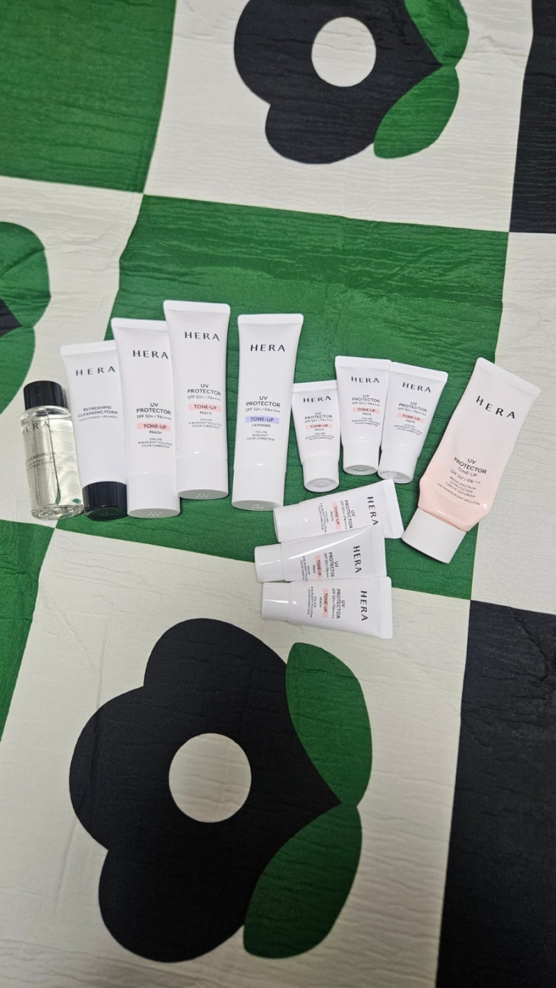 헤라 톤업선크림 피치 라벤더 비교 선크림듀오 피크닉매트