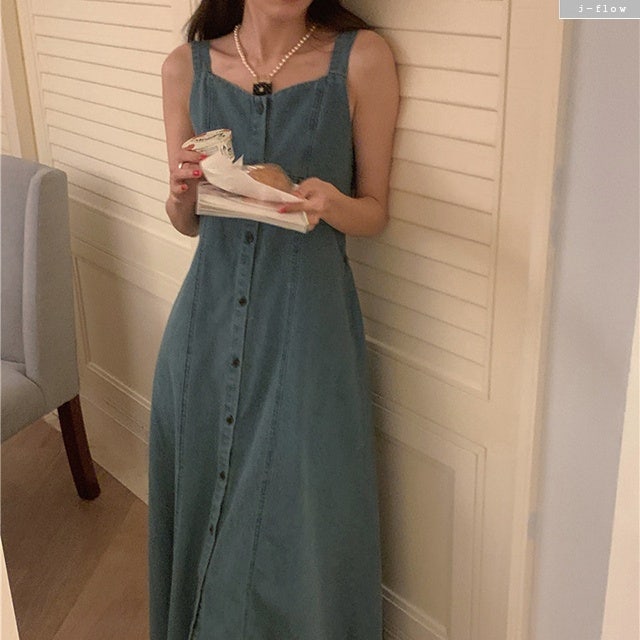멘토스 데님 맥시 민소매 버튼 롱원피스, 제이플로우 감성 그대로 봄여름 데일리룩 완성!