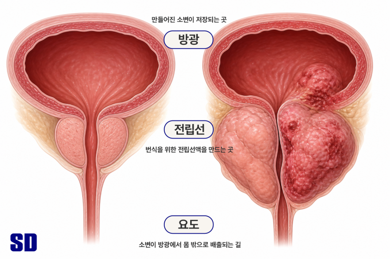 정상적인 전립선과 종양으로 변형이 된 전립선