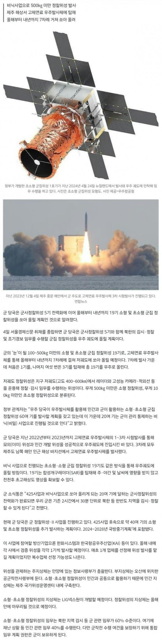  軍 소형 군집 정찰위성, 내년까지 19기 올린다