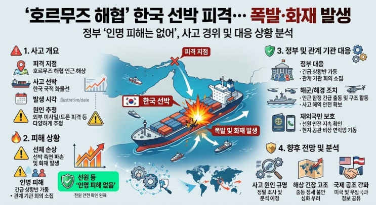 [긴급 뉴스] <b>호르무즈</b> 해협 한국 <b>선박 피격</b>… 폭발과 화재 발생... 