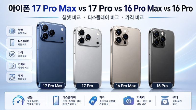 아이폰 17 Pro Max vs 17 Pro vs 16 Pro Max vs 16 Pro 비교, 칩셋·디스플레이·가격 비교