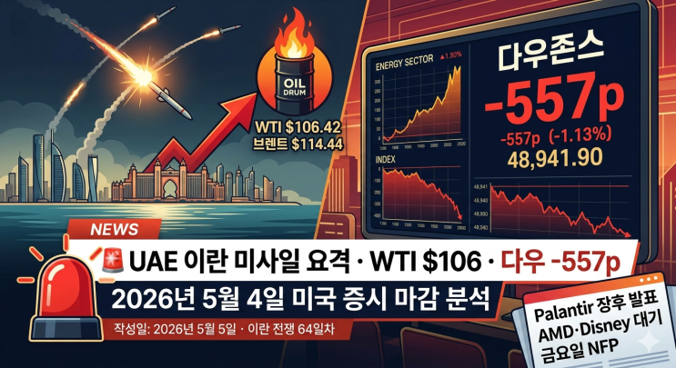 UAE 이란 <b>미사일 요격</b> · WTI $106 · 다우 -557p — 2026년... 