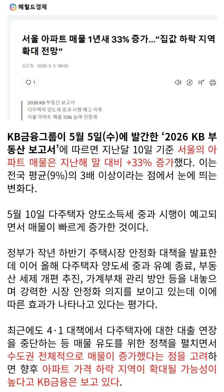  서울 아파트 매물 +33% 증가, 가격하락지역 확대될 전망