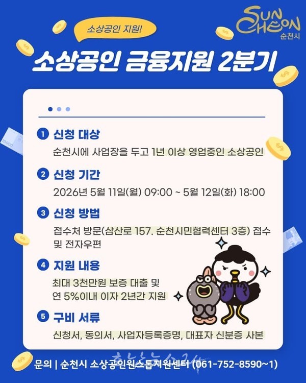 순천시, 2026년 소상공인 금융지원 2분기 신청 접수..연 5% 이자 2년간 지원