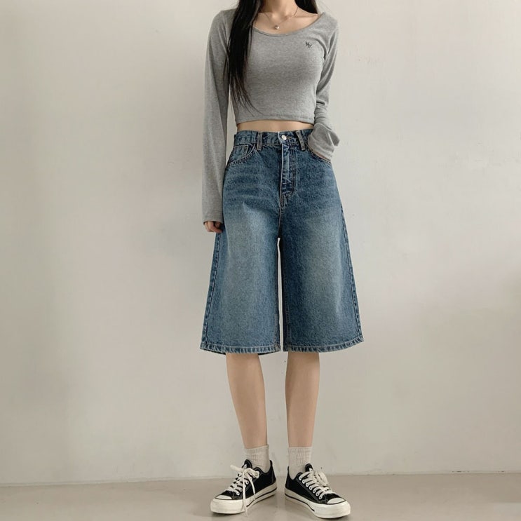  여자 버뮤다 데님 반바지 추천! 여름 데일리룩 와이드 진청 팬츠 코디
