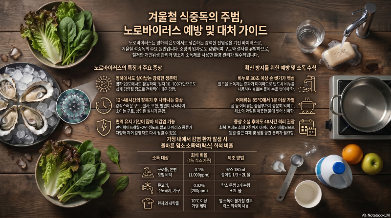 겨울철 최강 식중독 노로바이러스 완전정복 — 잠복기·증상·치료·락스 소독법까지 한 번에....
