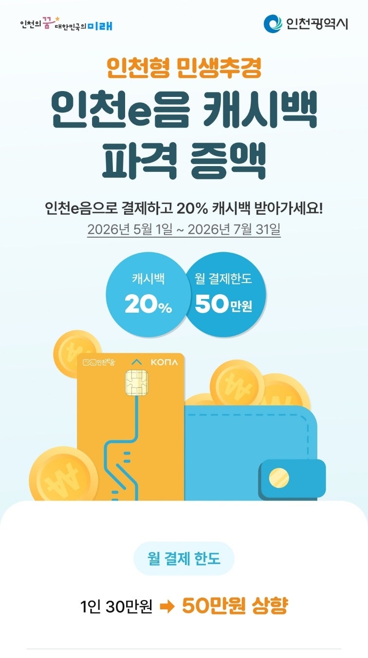인천스퀘어원에서도 사용 가능한 인천이음카드 20% 캐시백 한시 상향 총정리