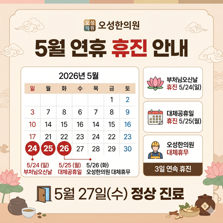  5월 부처님 오신 날 26일 화요일까지 휴진