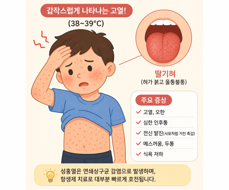 성홍열 초기증상 총정리｜딸기혀·발진·격리기간·등원 기준까지