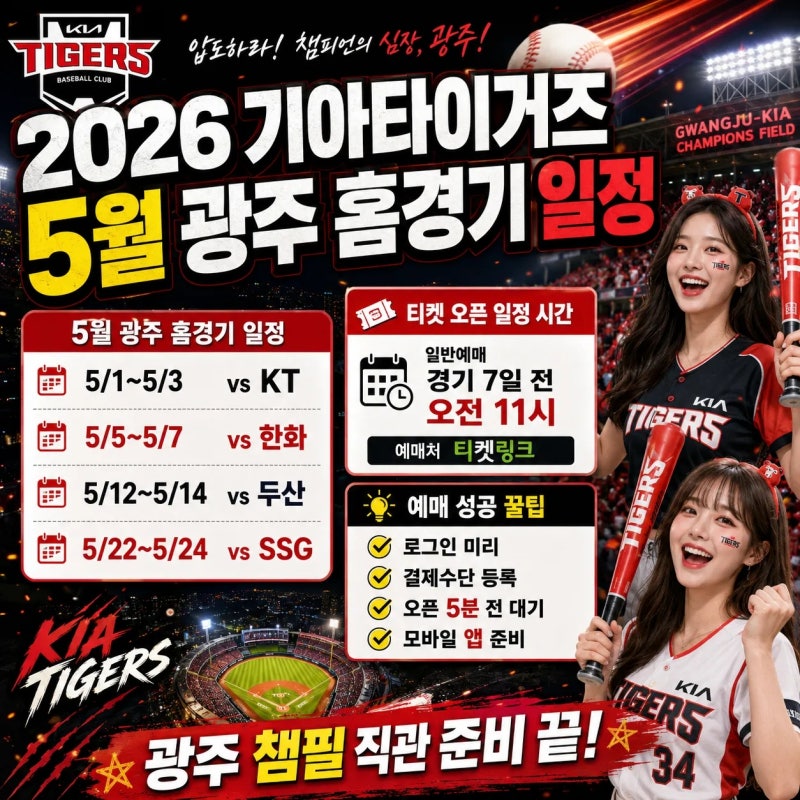 2026 기아타이거즈 5월 광주 홈경기 일정, 티켓 오픈 일정 시간, 예매 성공 꿀팁
