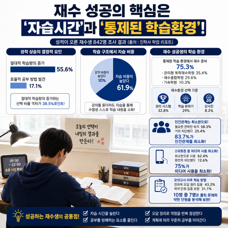  재수 성공의 핵심은 자습 시간 확보와 통제된 학습 환경과 관리 시스템 학습 분위기가 좌우했다