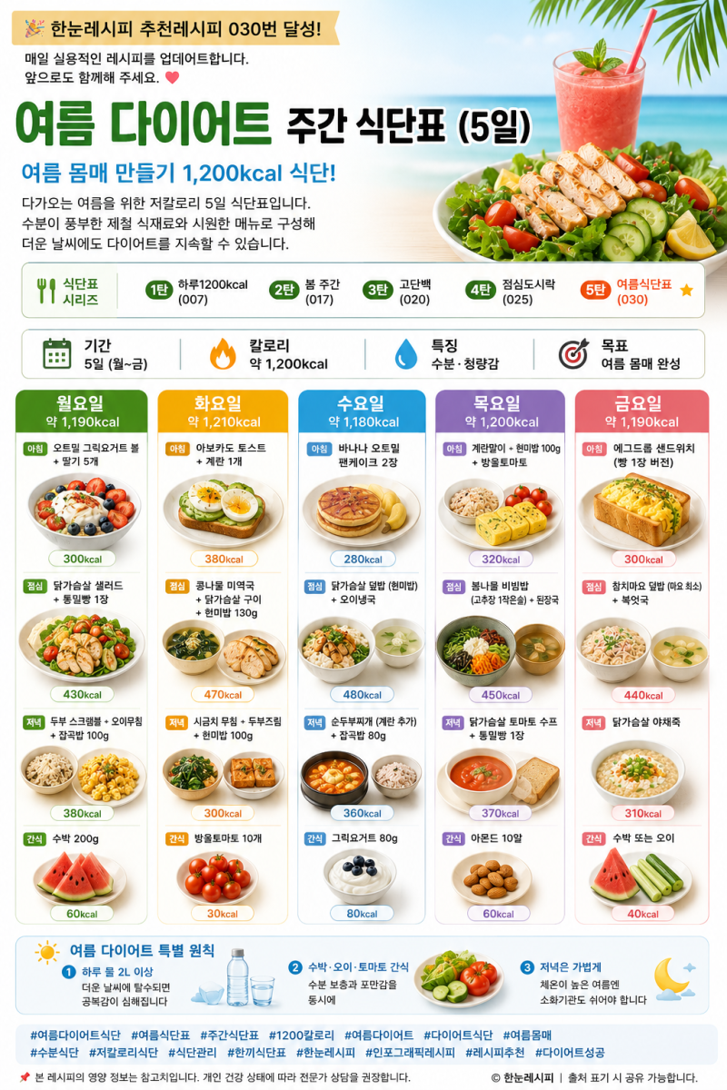 여름 다이어트 주간 식단표 (5일)