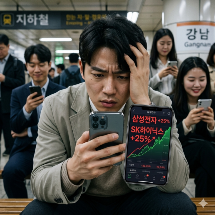  삼성전자 SK하이닉스 보유하지 못해 힘들어하는 포모 투자자 패닉상태 내리기만 기다린다.