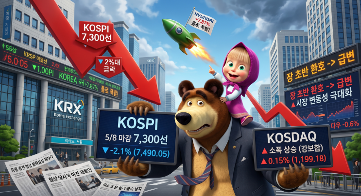   [2026년 5월 8일] 국내 증시 마감 브리핑 — 종전 협상 불확실성에 코스피 2%대 급락, 현대차 홀로 폭발