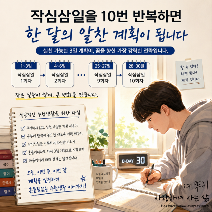  재수 기숙학원 힘든 수험생활 버티는 힘 작심삼일 마음먹기 우선 3일만 바라보자