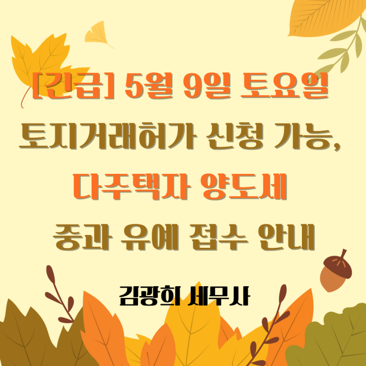  [긴급] 5월 9일 토요일 토지거래허가 신청 가능, 다주택자 양도세 중과 유예 접수 안내