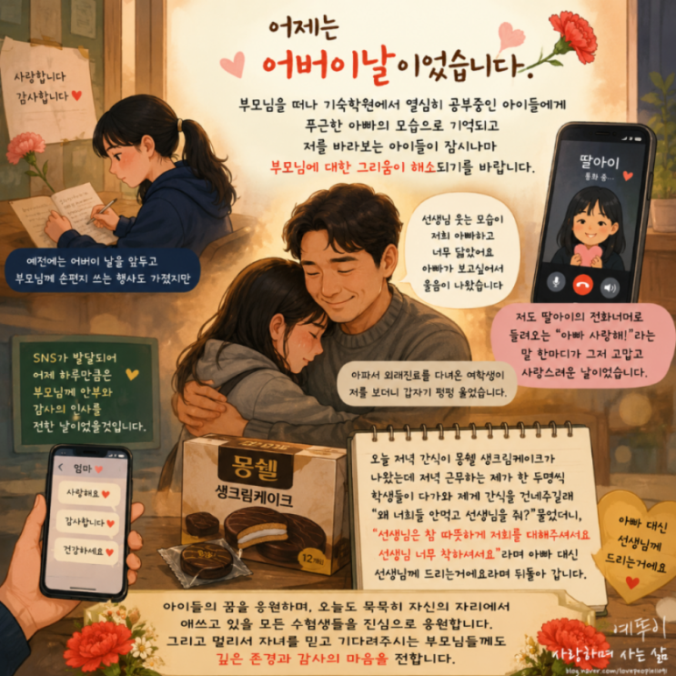  5월 8일 어버이날 재수 기숙학원 에피소드 사랑합니다 고맙습니다 교육 멘토 예뚜이쌤