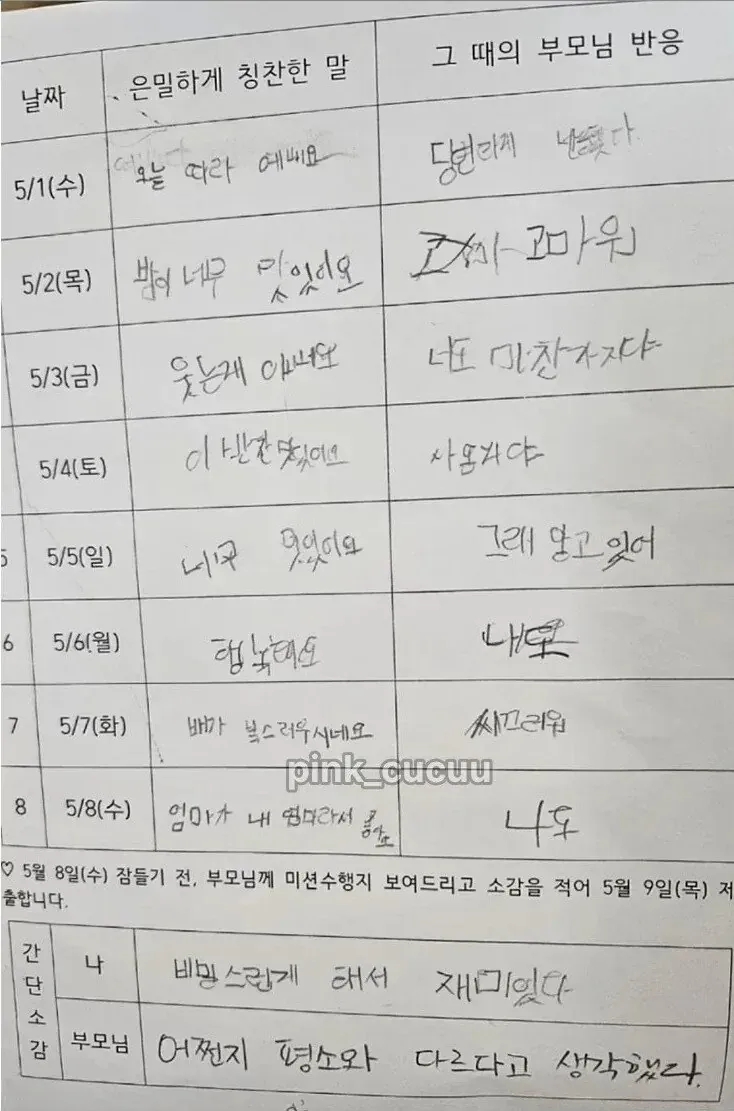  학교에서 내준 어버이날 숙제