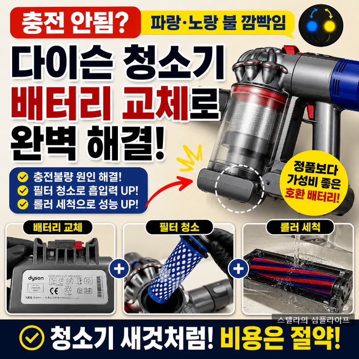 다이슨 청소기 배터리 교체로 충전 안될 때 해결법｜필터·롤러 청소까지 셀프