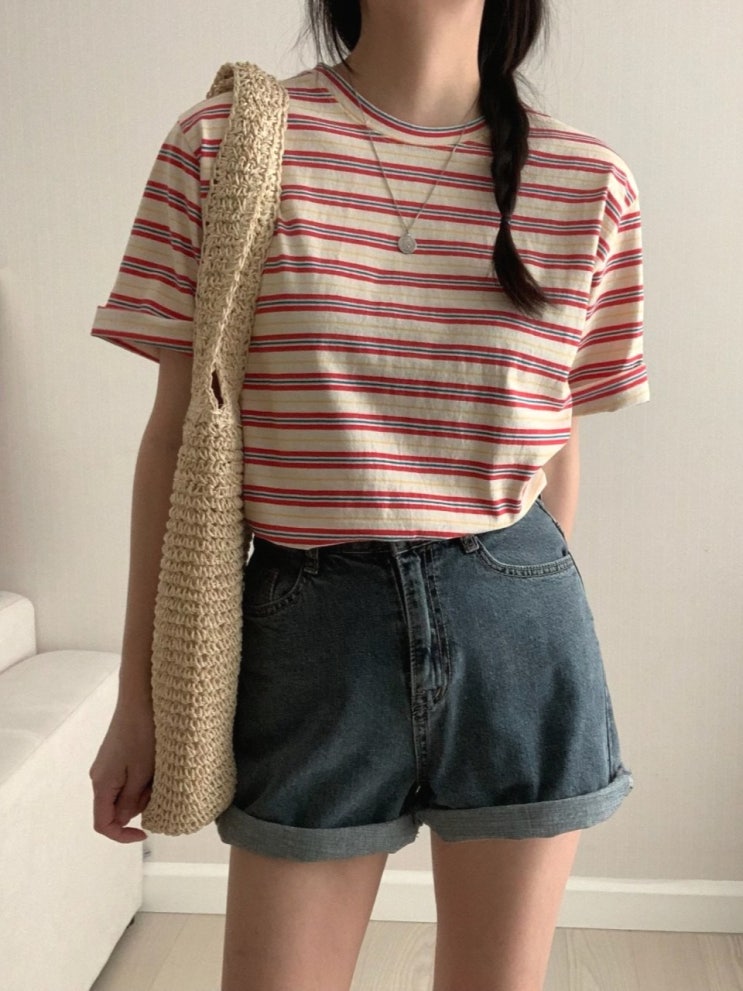  여성 여름 스트라이프 반팔티 루즈핏 단가라 티셔츠 데일리 코디 추천
