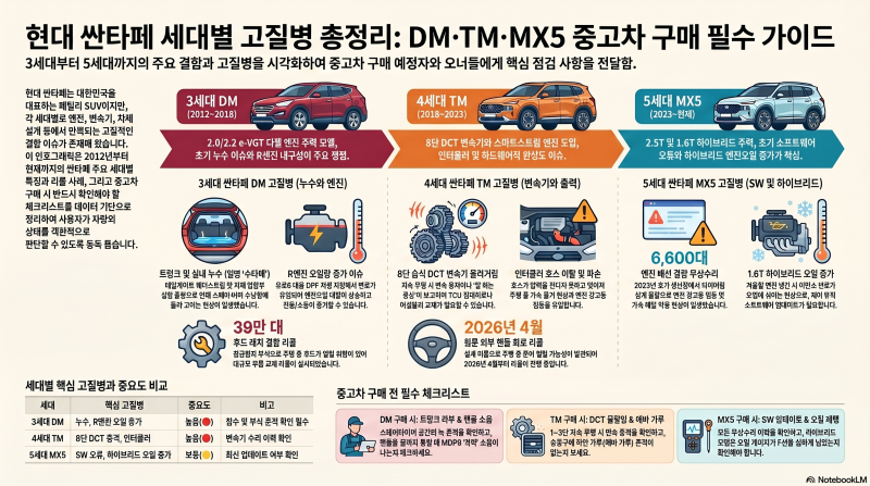 현대 싼타페 고질병 총정리｜DM·TM·MX5 하이브리드 결함과 중고차 구매 가이드