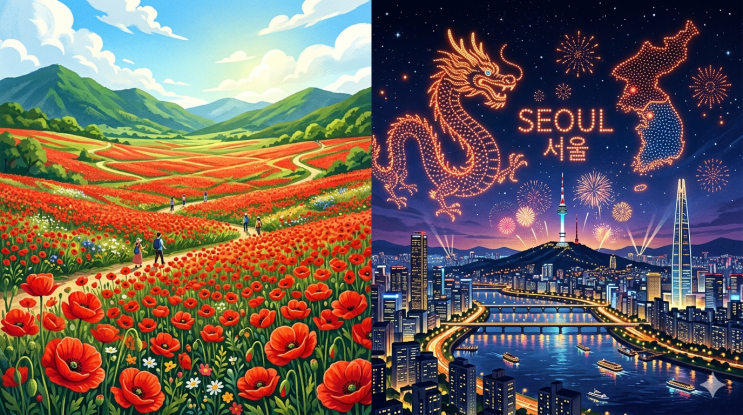  [2026년 5월 하순 가볼만한곳] 장미는 이제 지겹다면? 붉은 양귀비 물결과 '밤의 과학' 한강 드론쇼 축제 지도