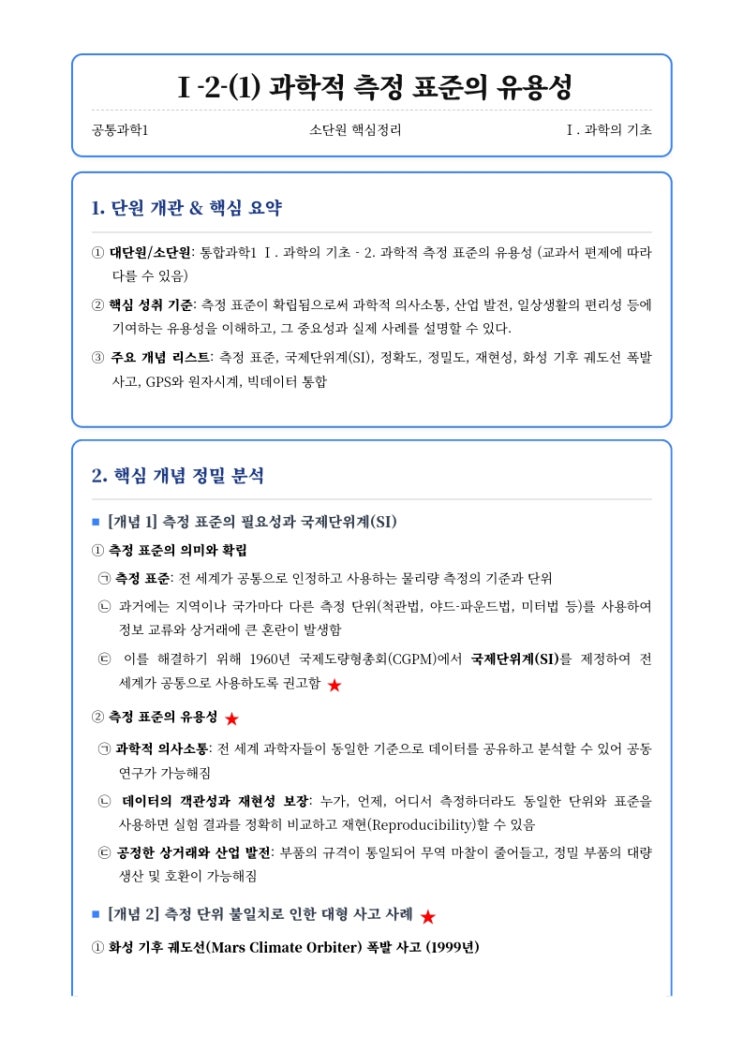  [공통과학] 1단원 소단원 (2) 과학의 측정과 우리 사회 핵심정리&내신대비문제  [우만동CMA국어영어학원]