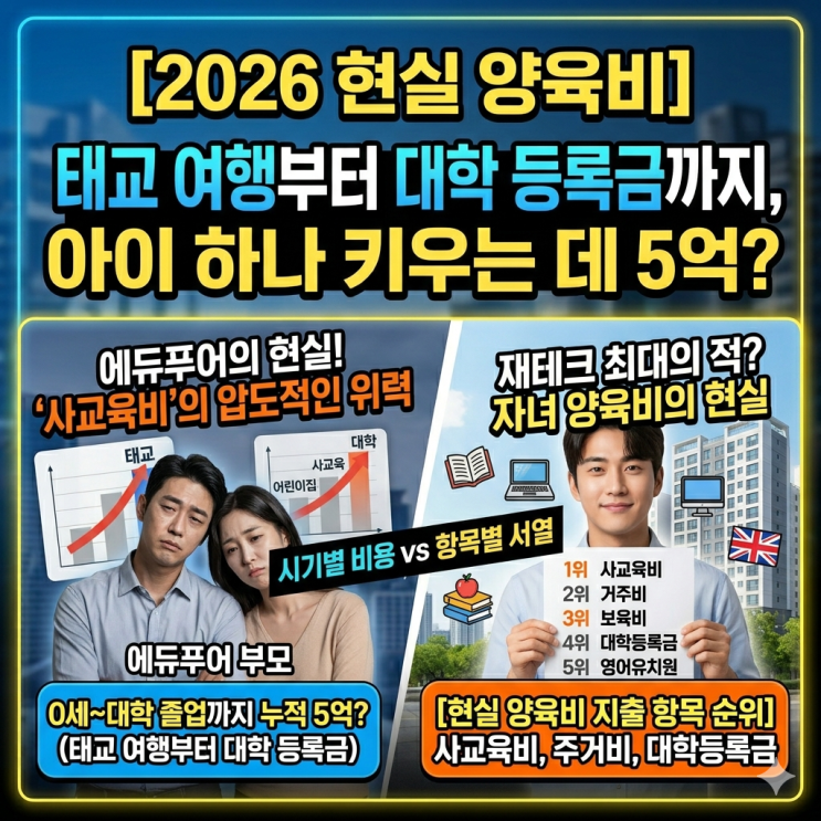  [2026 양육비 통계] 애 하나 키우는데 5억? 쌍둥이 아빠가 체감하는 에듀푸어 현실과 지출 순위 Top 30