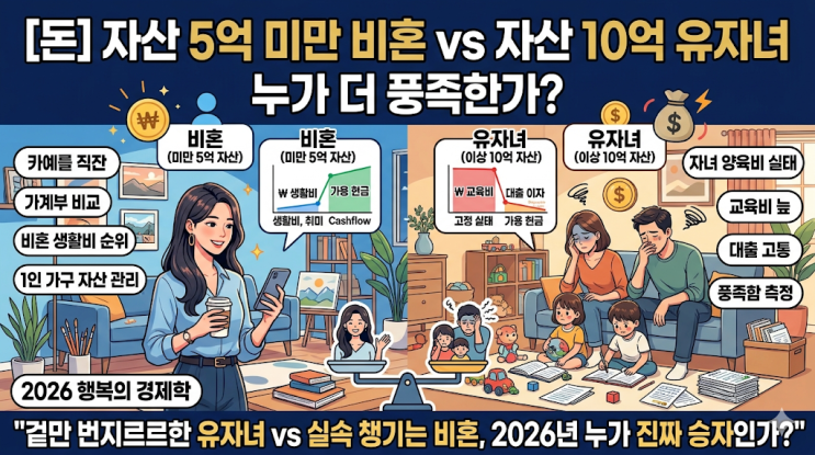  자산 5억 비혼 vs 10억 쌍둥이 아빠 가계부 비교, 2026년 진짜 승자는?