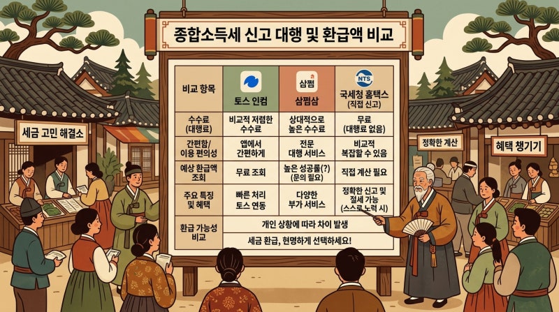 "토스인컴 vs 삼쩜삼 vs 국세청 종합소득세 신고 수수료·환급액 비교 완전정복"