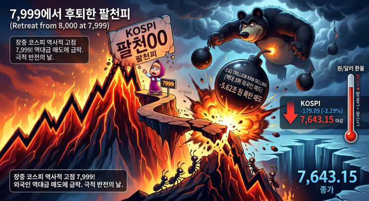   [2026년 5월 12일] 국내 증시 마감 브리핑 — 장중 7,999 팔천피 1포인트 앞에서 후퇴! 외국인 역대 3위 매도 폭탄에 코스피 2.29% 급락