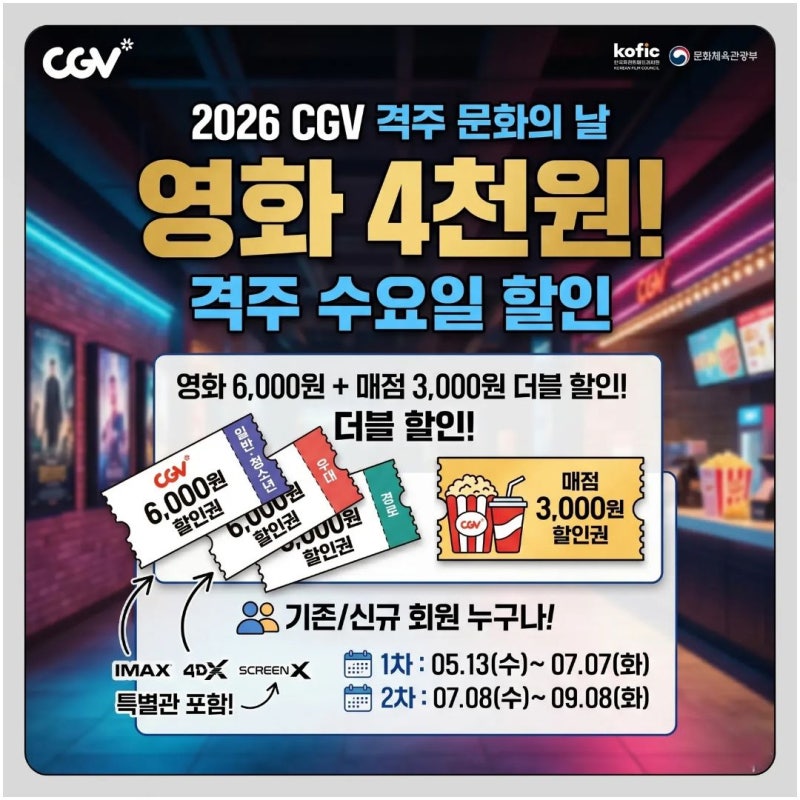 [CGV 할인 꿀팁] 한 달에 두 번! 2026 격주 컬처데이 4천 원 관람법 (정부 지원 쿠폰 중복 적용)