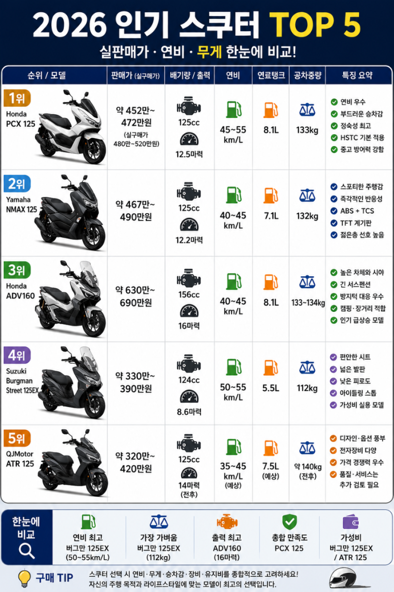 2026 인기 스쿠터 추천 TOP5 완벽정리