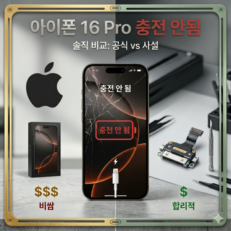 구로 아이폰 수리 — 아이폰 16 프로 충전 안됨 불량, 공식센터 리퍼 vs 사설 독커넥터 교체 솔....