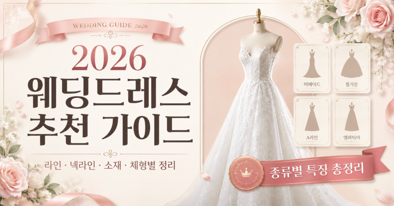 웨딩드레스 종류별 특징 완벽 정리 | 라인·넥라인·소재·체형별 추천 가이드 (2026)