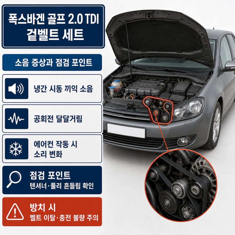 폭스바겐 골프 2.0 TDI 겉벨트 세트 교체시기와 소음 증상, 함께 봐야 할 부품은?