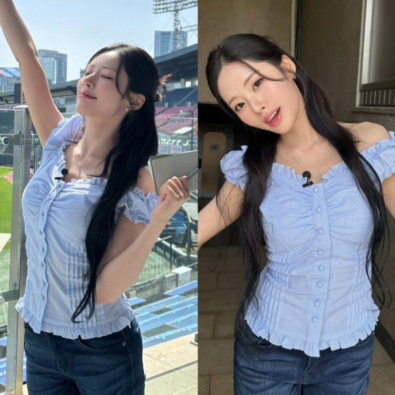 260513 프로미스나인 프미나 박지원 블라우스 하늘색 프릴 러플 체크 블라우스 야구장 아나운....