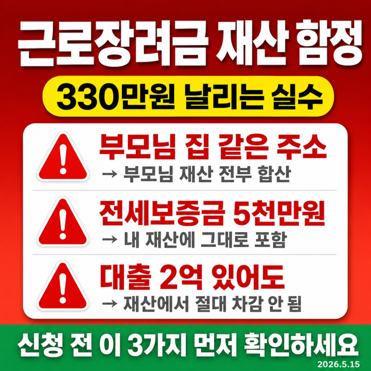  근로장려금 재산 계산, 이렇게 하면 330만원 날립니다 — 부모님 집·전세보증금 함정
