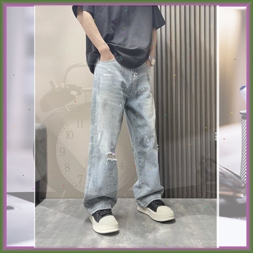 남성 봄 가을 데님 바지 남자용 빈티지 워싱 찢청 하이웨스트 와이드 찢어진 청바지 YXF 한정....