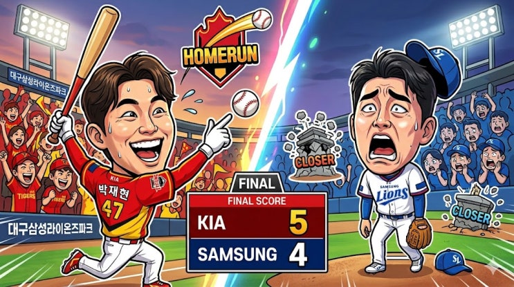 <b>KIA</b> 타이거즈 <b>역전승</b>: 박재현의 <b>9회</b> 극적 투런포, 삼성 마무리... 