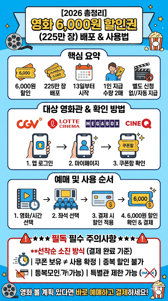  영화 6천원 할인권 225만 장 신청 방법 | 13일부터 자동 지급 | 사용법 총정리