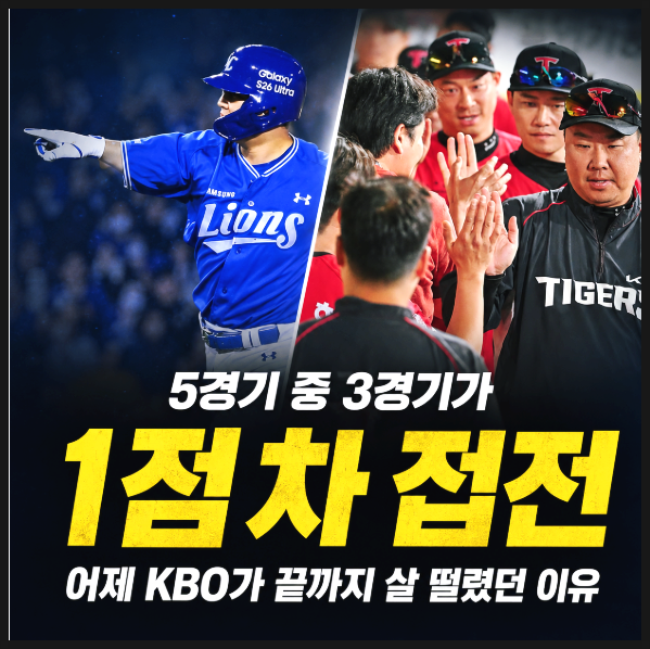  5경기 중 3경기가 1점 차, 어제 KBO가 끝까지 살 떨렸던 이유